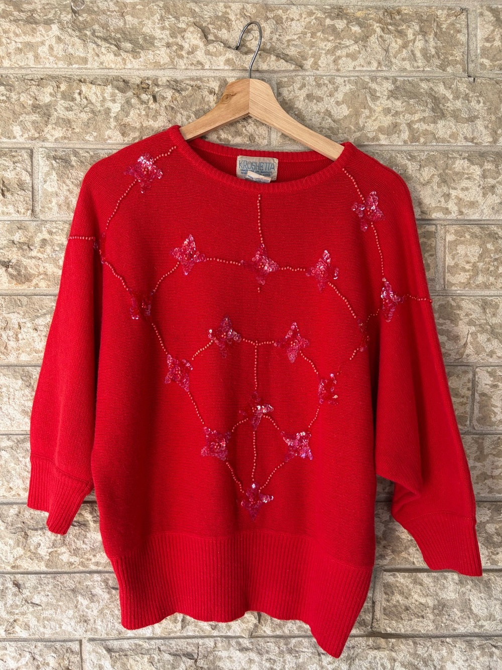 Vintage Red Sequin Embellished Lambswool Angora Knit Sweater